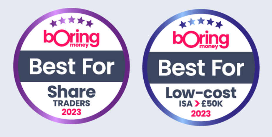 Boring Money Awards 2023 - Best Share trader & Best for Low-Cost ISA >£50k.